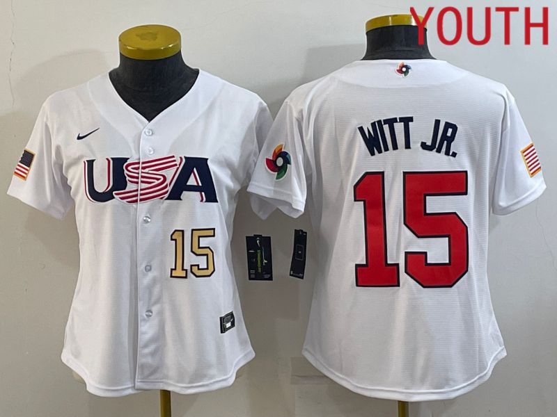 Youth 2023 World Cub USA 15 Witt jr White MLB Jersey1